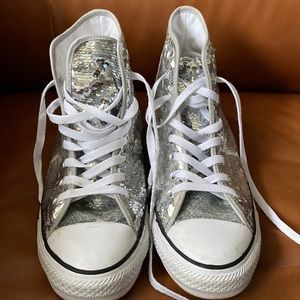 Converse silver sequin high tops 9.5